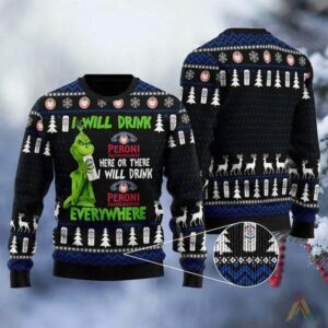Grinch I Will Drink Peroni Nastro Azzurro Everywhere Christmas Gift Ugly Christmas Sweater, Grinch Holiday Sweater
