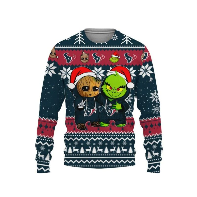 Houston Texans Baby Groot And Grinch Best Friends Ugly Christmas Sweater, NFL Christmas Sweater