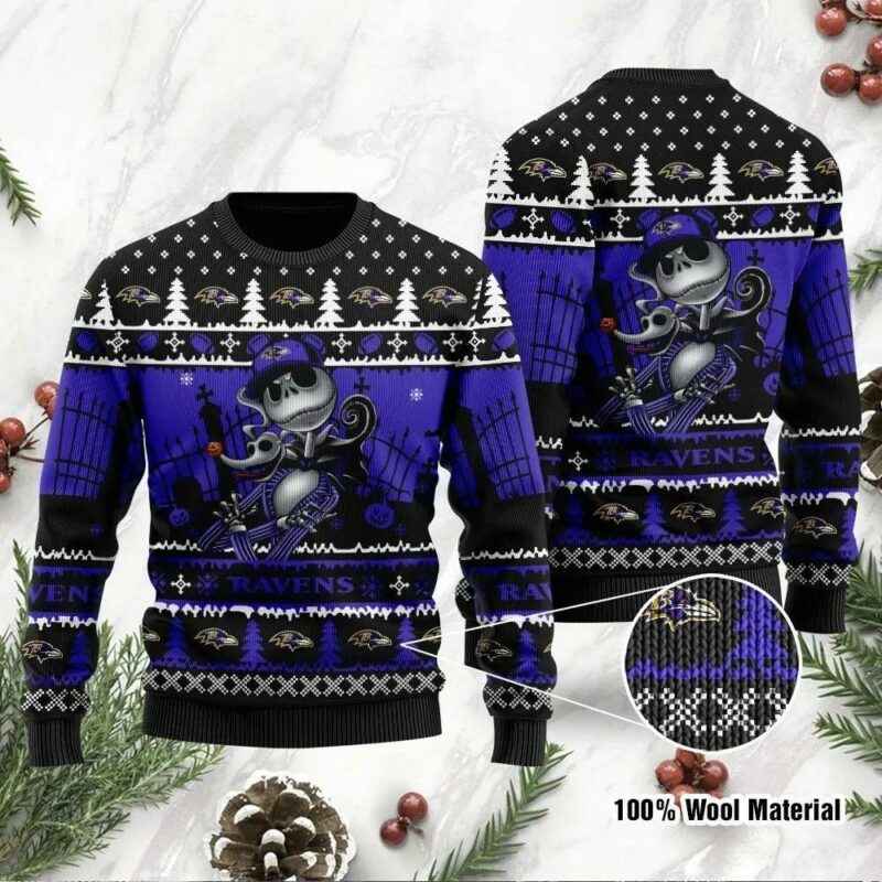 Jack Skellington Baltimore Ravens Ugly Christmas Sweater, NFL Christmas Sweater