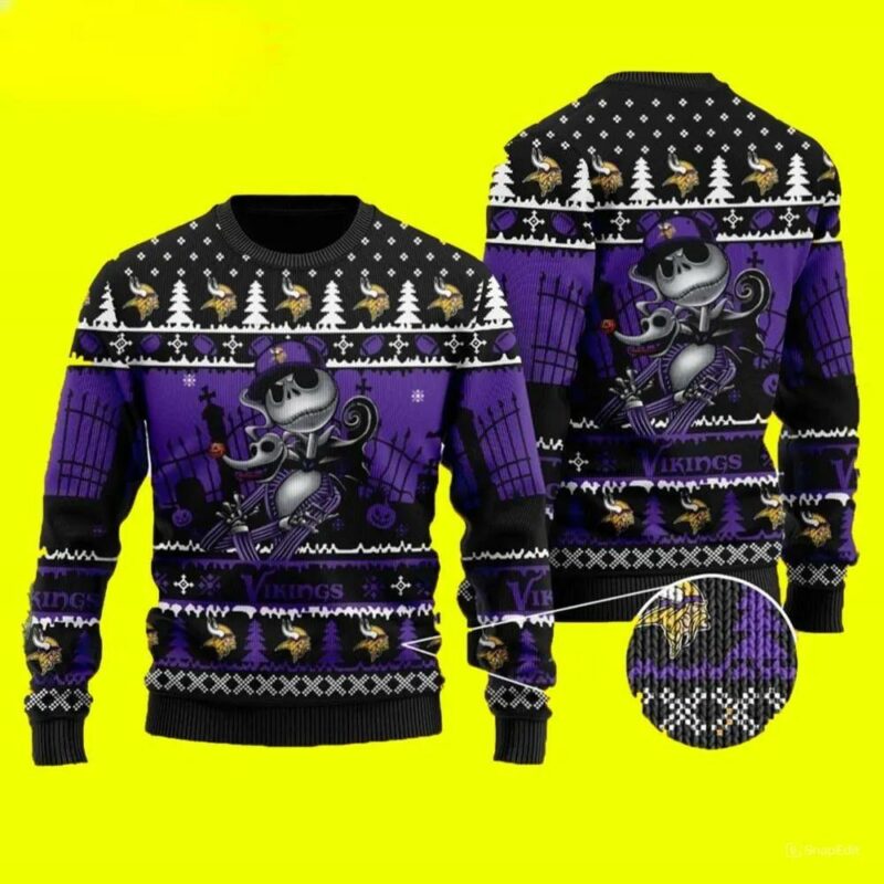 Jack Skellington Minnesota Vikings Ugly Christmas Sweater, NFL Christmas Sweater