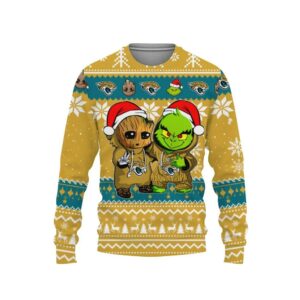 Jacksonville Jaguars Baby Groot And Grinch Best Friends Ugly Christmas Sweater, NFL Christmas Sweater