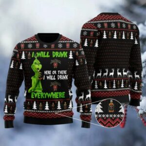 Jim Beam Grinch Will Drink Everywhere Ugly Sweater, Grinch Holiday Sweater