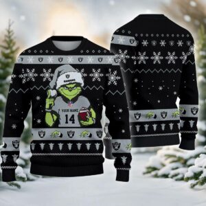 Las Vegas Raiders Grinch Custom Ugly Christmas Sweater, NFL Christmas Sweater