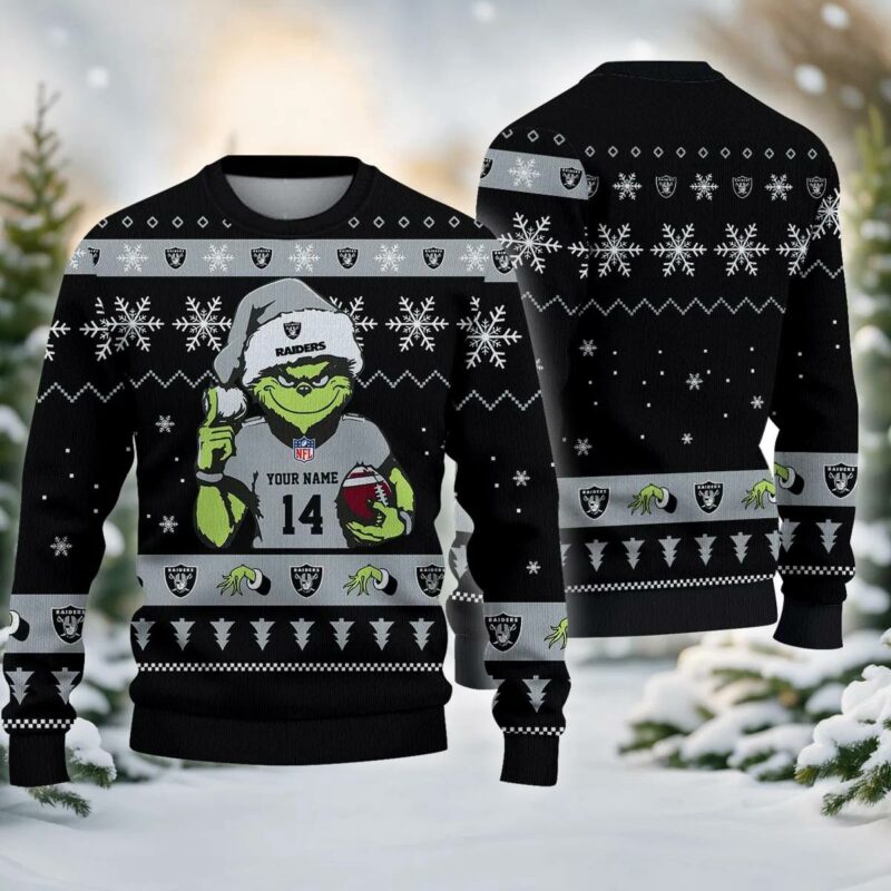 Las Vegas Raiders Grinch Custom Ugly Christmas Sweater, NFL Christmas Sweater
