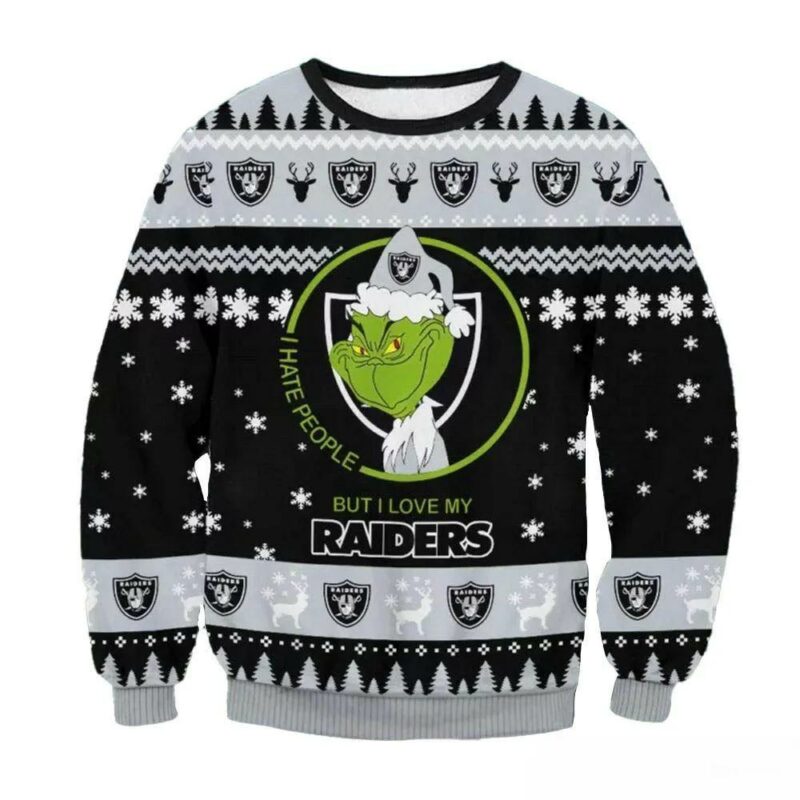 Las Vegas Raiders Grinch I Hate People But I Love My Raiders Nfl Ugly Christmas Sweater, NFL Christmas Sweater