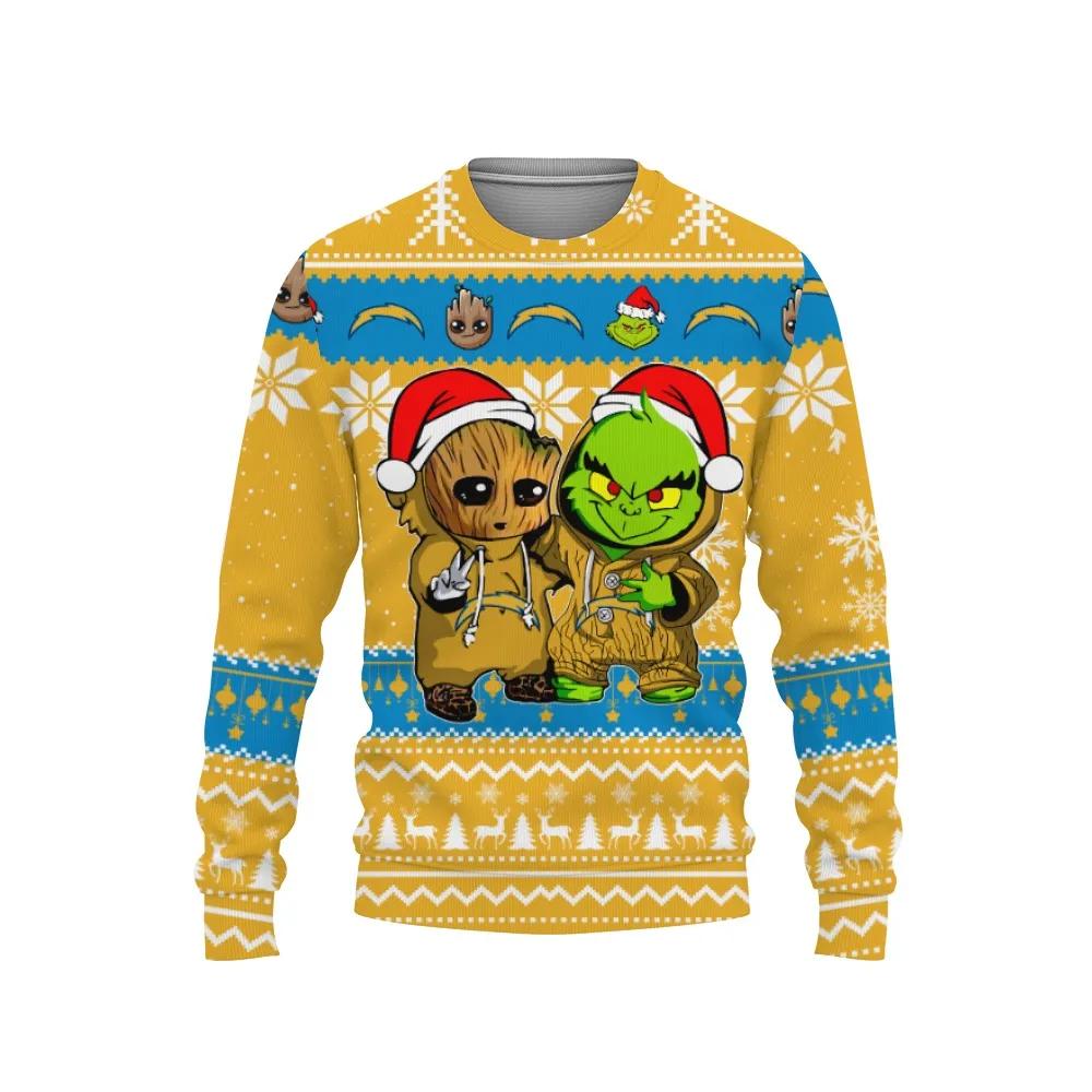 Los Angeles Chargers Baby Groot And Grinch Best Friends Ugly Christmas Sweater, NFL Christmas Sweater