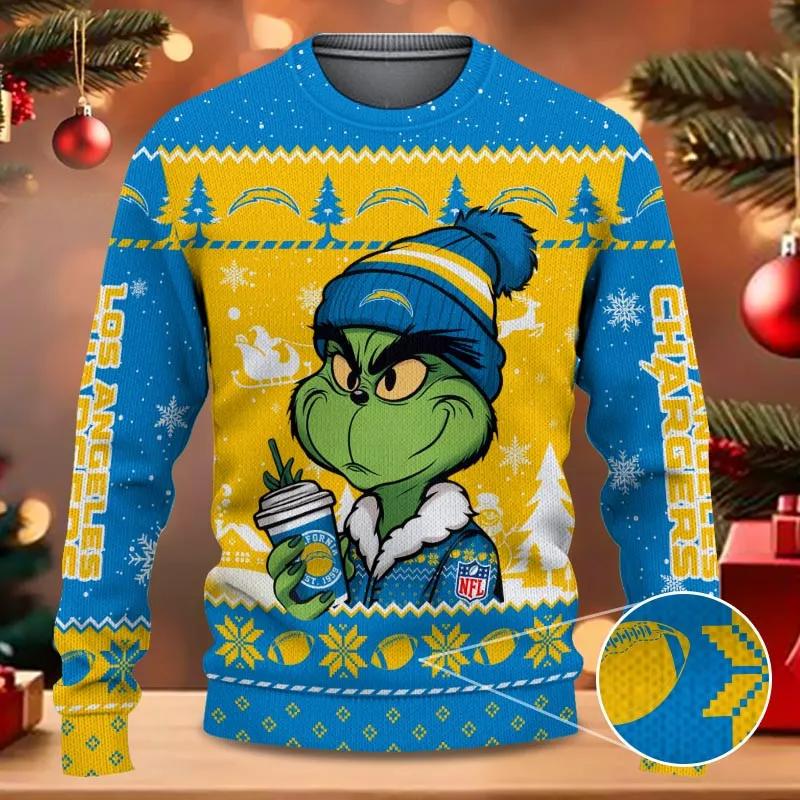 Los Angeles Chargers The Grinch Drink Coffee Ugly Christmas Sweater, NFL Christmas Sweater