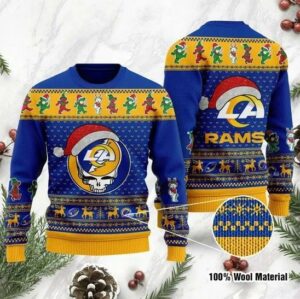 Los Angeles Rams Grateful Dead SKull And Bears Ugly Christmas Sweater, NFL Christmas Sweater