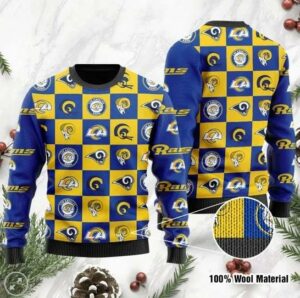 Los Angeles Rams Logo Checkered Flannel Ugly Christmas Sweater, NFL Christmas Sweater
