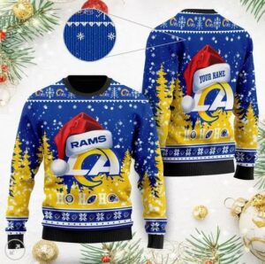Los Angeles Rams Symbol Wearing Santa Claus Hat Ho Ho Ho Ugly Christmas Sweater, NFL Christmas Sweater
