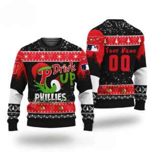 MLB Grinch Drink Up Philadelphia Phillies Custom Ugly Christmas Sweater, MLB Christmas Sweater