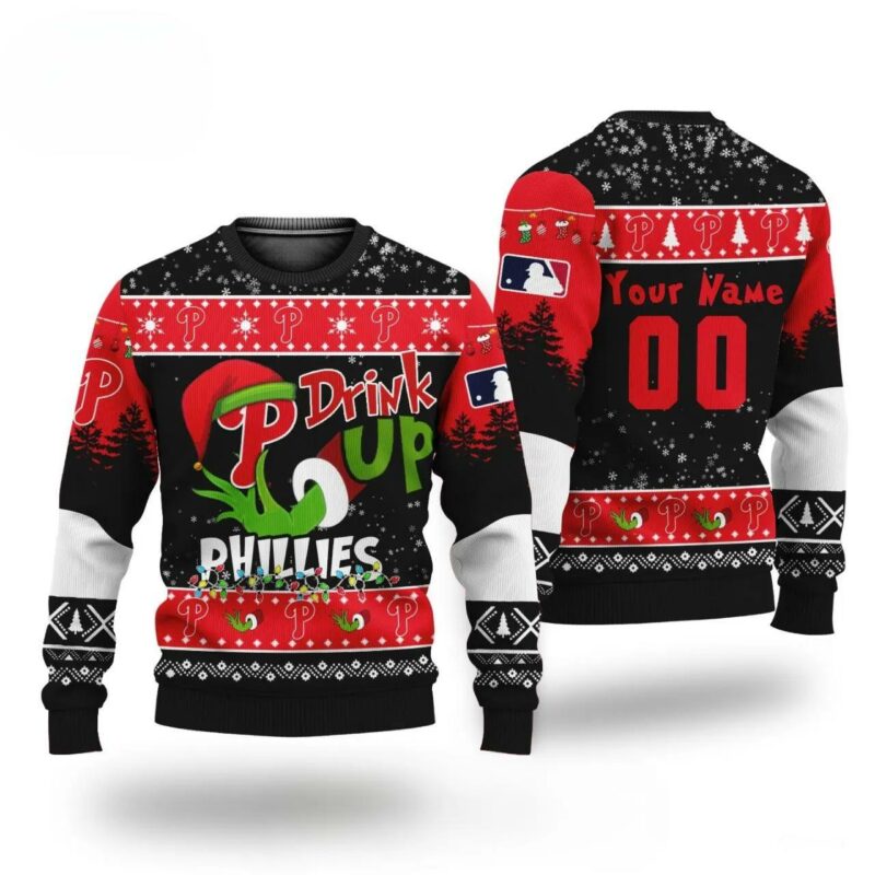 MLB Grinch Drink Up Philadelphia Phillies Custom Ugly Christmas Sweater, MLB Christmas Sweater