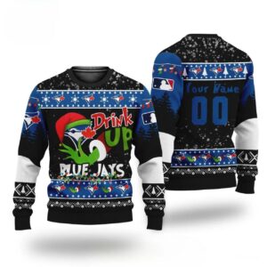 MLB Grinch Drink Up Toronto Blue Jays Custom Ugly Christmas Sweater, MLB Christmas Sweater