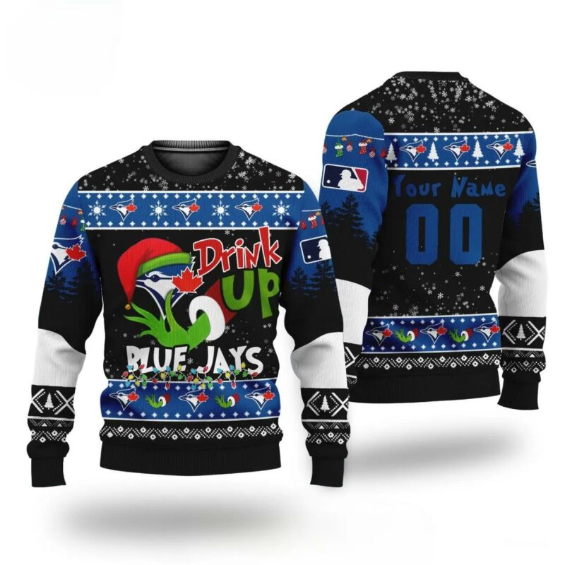 MLB Grinch Drink Up Toronto Blue Jays Custom Ugly Christmas Sweater, MLB Christmas Sweater