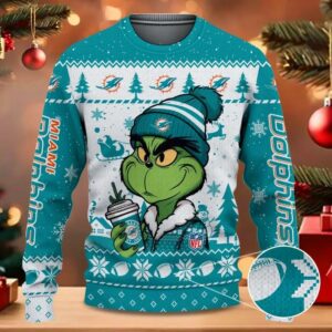 Miami Dolphins The Grinch Drink Coffee Ugly Christmas Sweater, NFL Christmas Sweater
