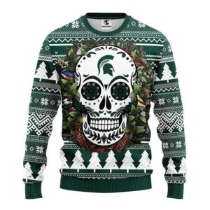 Michigan State Spartans Skull Flower Ugly Christmas Sweater, NCAA Christmas Sweater