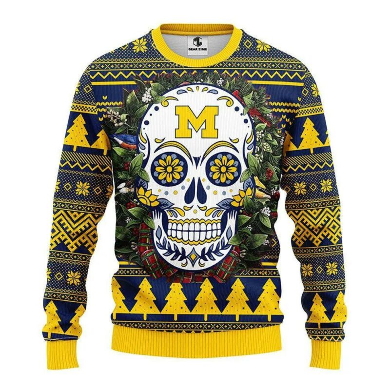 Michigan Wolverines Skull Flower Ugly Christmas Sweater, NCAA Christmas Sweater