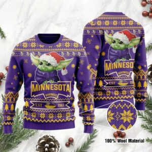 Minnesota Vikings Cute Baby Yoda Grogu Holiday Party Ugly Christmas Sweater, Minnesota Vikings Christmas Sweater