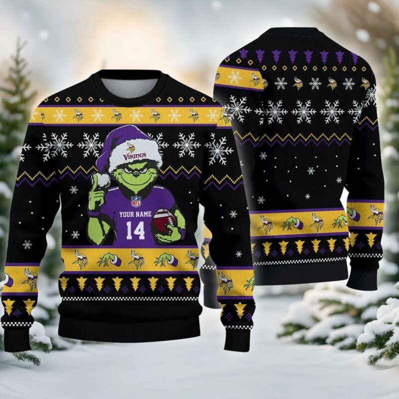 Minnesota Vikings Grinch Custom Ugly Chrismas Sweater, NFL Christmas Sweater