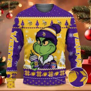 Minnesota Vikings The Grinch Drink Coffee Ugly Christmas Sweater, NFL Christmas Sweater