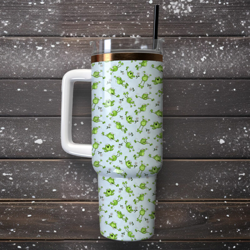 Cute Frog Artwork Custom Stanley Quencher 40oz Stainless Steel Tumbler With Handle - Threewoofs - Image 3