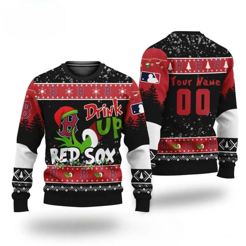Mlb Grinch Drink Up Boston Red Sox Custom Ugly Christmas Sweater, MLB Christmas Sweater