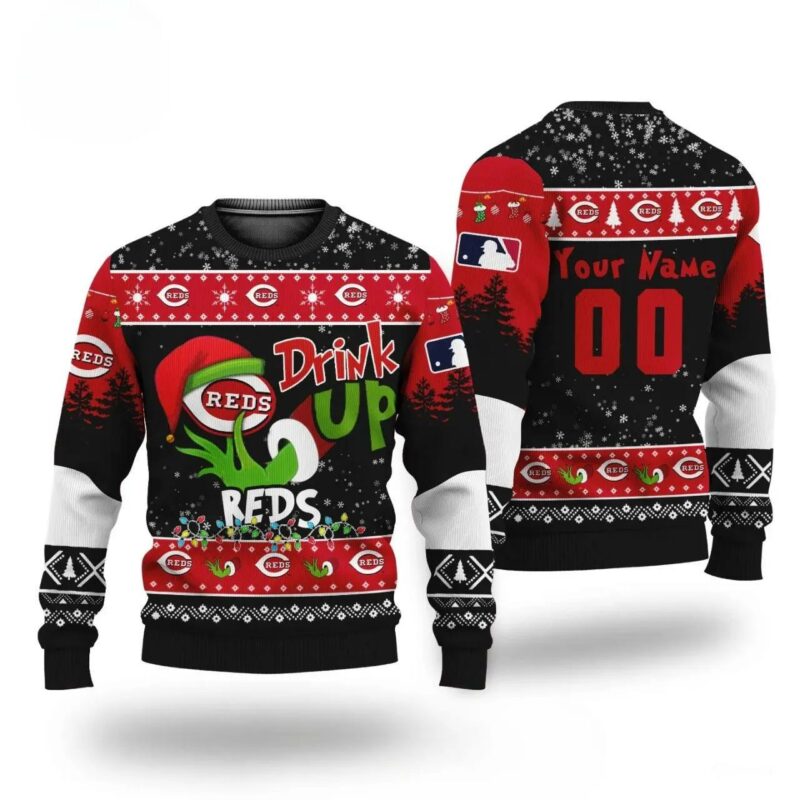 Mlb Grinch Drink Up Cincinnati Reds Custom Ugly Christmas Sweater, MLB Christmas Sweater