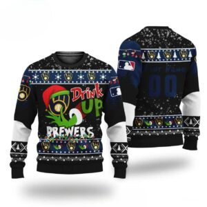 Mlb Grinch Drink Up Milwaukee Brewers Custom Ugly Christmas Sweater, MLB Christmas Sweater