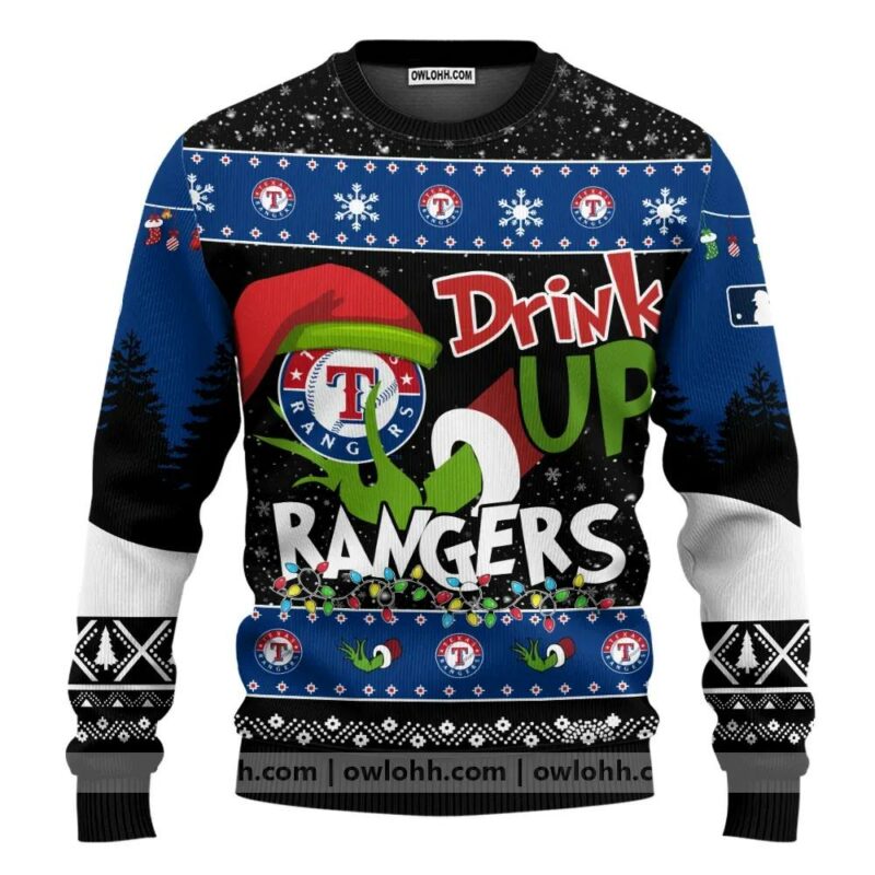 Mlb Grinch Drink Up Texas Rangers Custom Ugly Christmas Sweater, MLB Christmas Sweater
