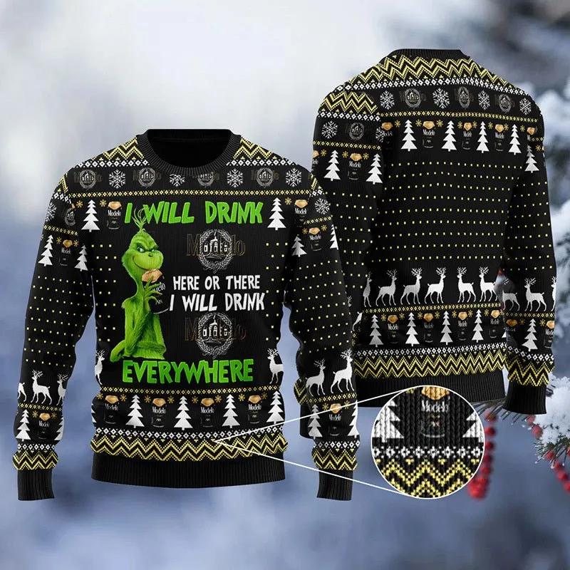 Modelo Negra Grinch Will Drink Everywhere Ugly Sweater, Grinch Holiday Sweater