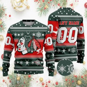 NHL Chicago BlackHawks Personalized Name &amp; Number Ugly Christmas Sweater, NHL Christmas Sweater