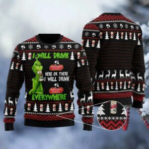 National Bohemian Grinch Will Drink Everywhere Ugly Sweater, Grinch Holiday Sweater