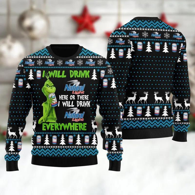 Natural Light Grinch Will Drink Everywhere Ugly Sweater, Grinch Holiday Sweater
