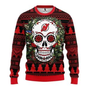 New Jersey Devils Skull Flower Ugly Christmas Sweater, NHL Christmas Sweater