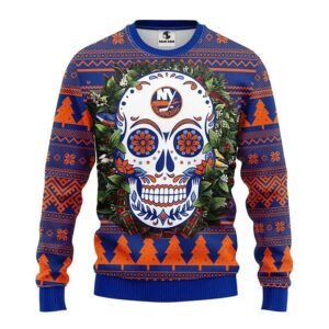 New York Islanders Skull Flower Ugly Christmas Sweater, NHL Christmas Sweater