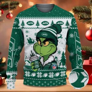 New York Jets The Grinch Drink Coffee Ugly Christmas Sweater, NFL Christmas Sweater