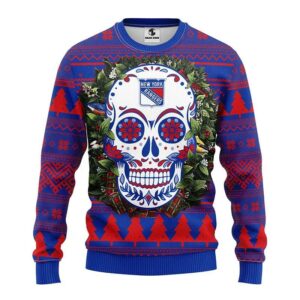 New York Rangers Skull Flower Ugly Christmas Sweater, NHL Christmas Sweater