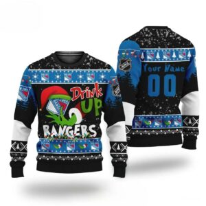 Nhl Grinch Drink Up New York Rangers Custom Ugly Christmas Sweater, NHL Christmas Sweater