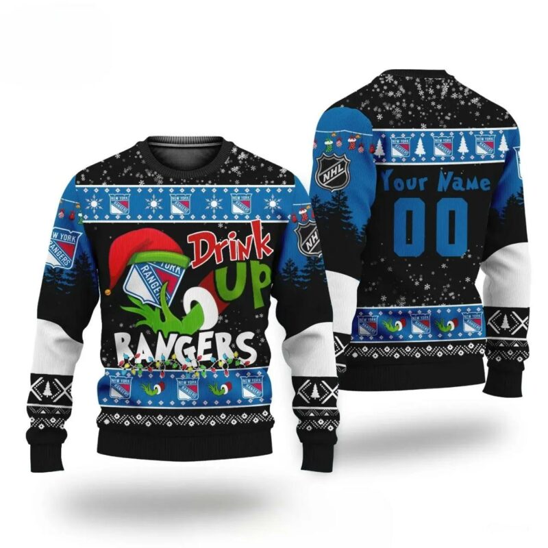 Nhl Grinch Drink Up New York Rangers Custom Ugly Christmas Sweater, NHL Christmas Sweater