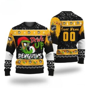 Nhl Grinch Drink Up Pittsburgh Penguins Custom Ugly Christmas Sweater, NHL Christmas Sweater