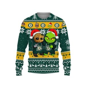 Oakland Athletics Baby Groot And Grinch Best Friends Ugly Christmas Sweater, MLB Christmas Sweater