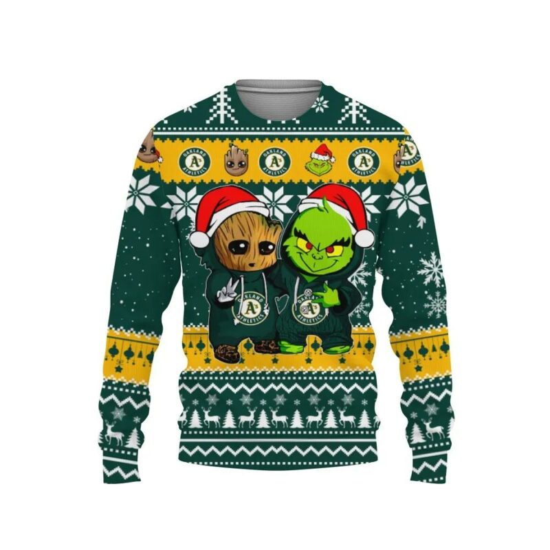 Oakland Athletics Baby Groot And Grinch Best Friends Ugly Christmas Sweater, MLB Christmas Sweater