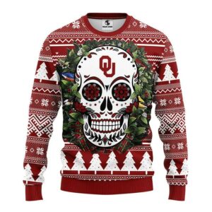 Oklahoma Sooners Skull Flower Ugly Christmas Sweater, NCAA Christmas Sweater