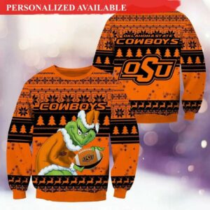 Oklahoma State Cowboys Grinch Football Ugly Christmas Sweater, NCAA Christmas Sweater