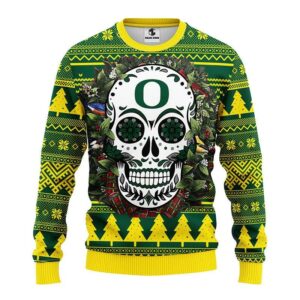 Oregon Ducks Skull Flower Ugly Christmas Sweater, NCAA Christmas Sweater