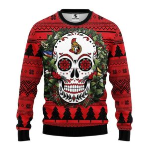Ottawa Senators Skull Flower Ugly Christmas Sweater, NHL Christmas Sweater