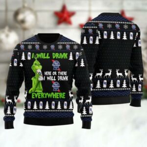 Pabst Blue Ribbon Grinch Will Drink Everywhere Ugly Sweater, Grinch Holiday Sweater