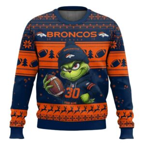 Personalized Denver Broncos Grinch Ugly Christmas Sweater, NFL Christmas Sweater
