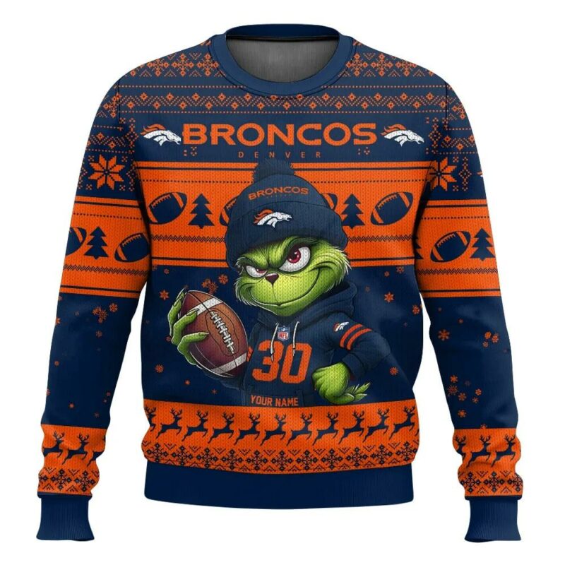 Personalized Denver Broncos Grinch Ugly Christmas Sweater, NFL Christmas Sweater