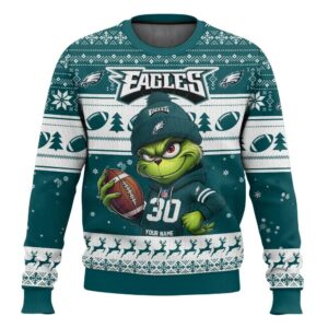 Personalized Philadelphia Eagles Grinch Ugly Christmas Sweater, NFL Christmas Sweater